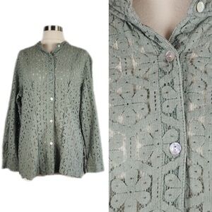Vintage Boho Light Green Lace Opalescent Button Up Shirt Roll Sleeve Blouse L
